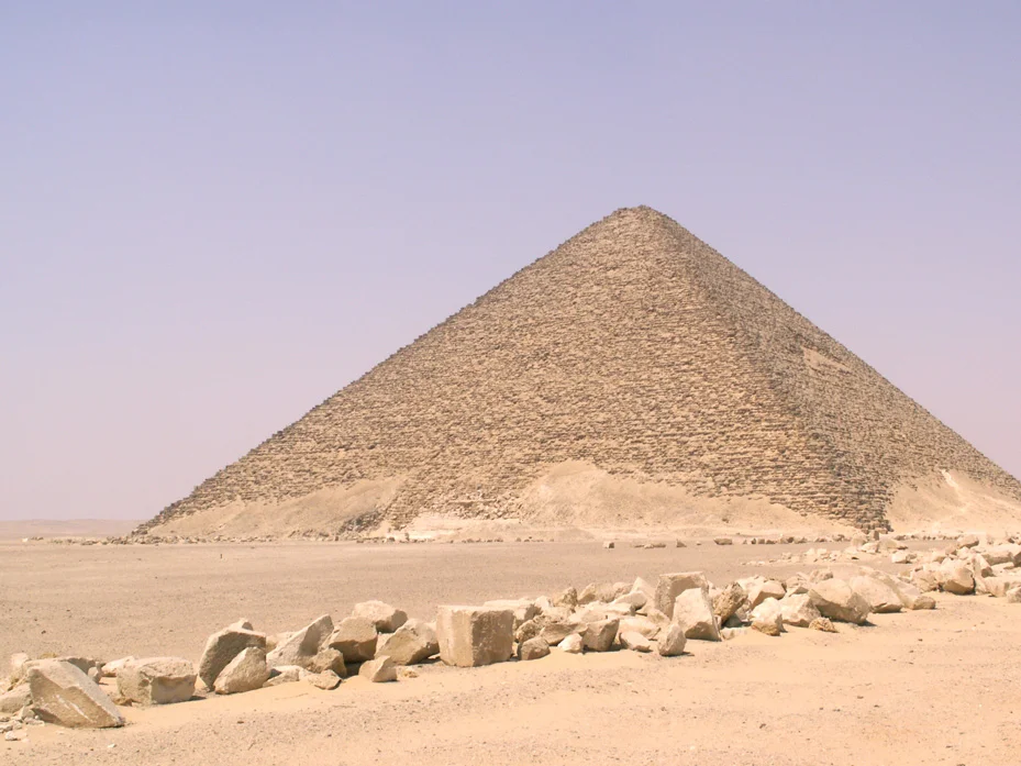 Snofru's Red Pyramid
This area is arguably the most important pyramid field in Egypt outside Giza and Saggara, although until 1996 the site was inaccessible due to its location within a military base,and hence was virtually unknown outside archaeological circles.

The southern pyramid of sneferu, commonly known as the Bent pyramid, is believed to be the first (or by some accounts, second) attempt at creating a pyramid with smooth sides. In this it was only a partial - but nonetheless visually arresting - success; it remains the only Egyptian pyramid to retain a significant proportion of its original limestone.